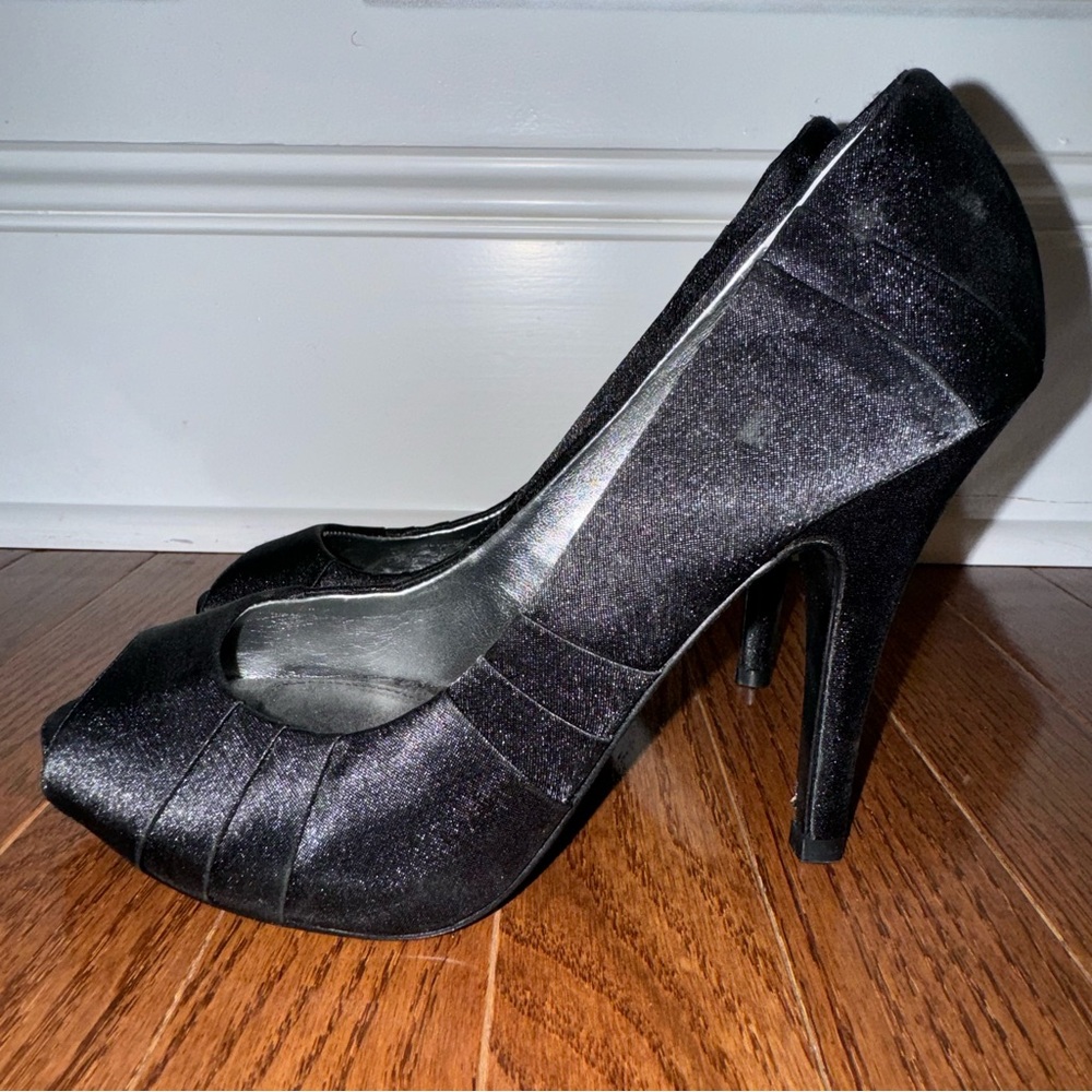 Nina Black Satin Peep Toe Open Toe High Heels 8 - Picture 2 of 6